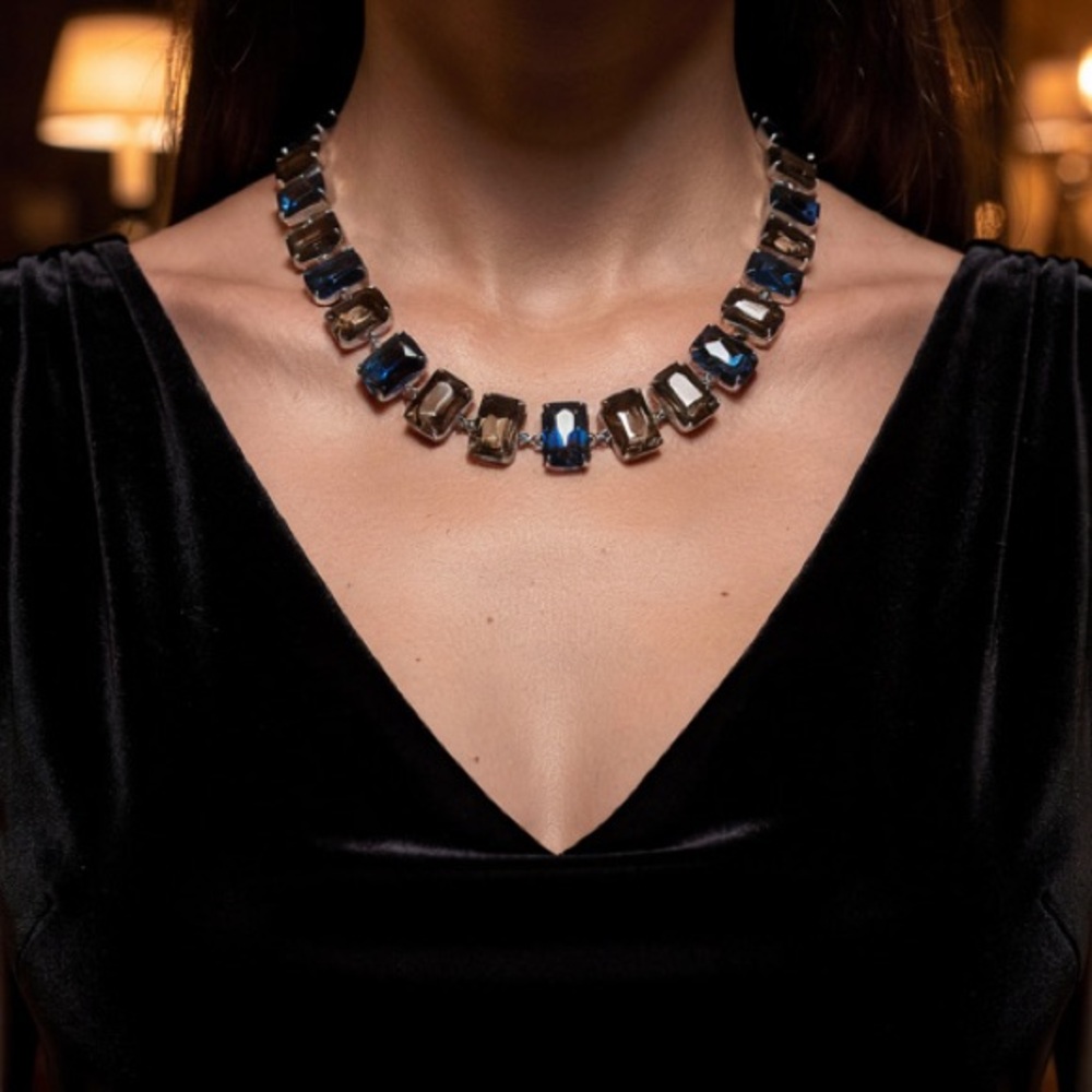 Silver-Tone Collar Necklace with Midnight Blue & Smoky Crystal Glass Stones